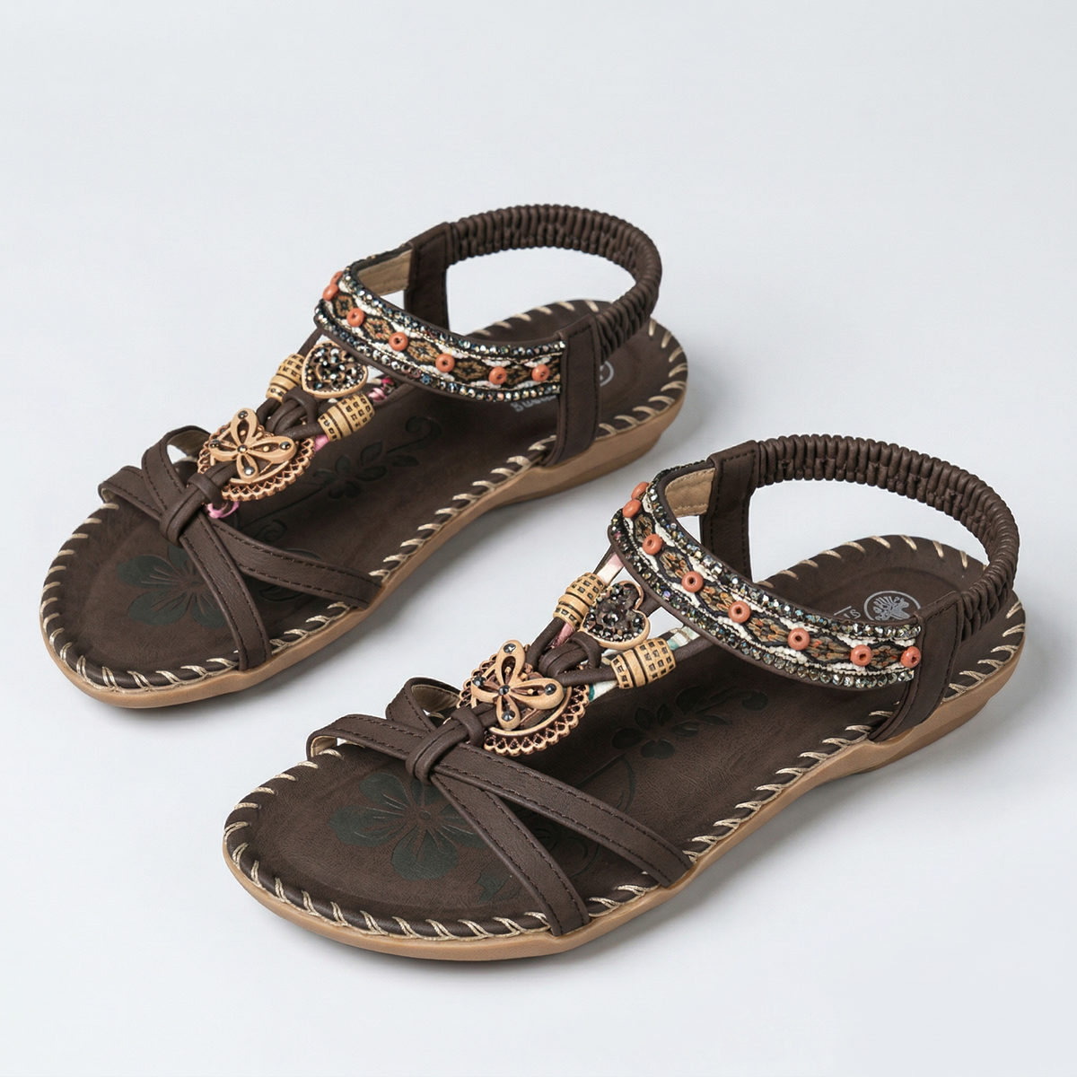 Beaded Boho T-Strap Flat Sandals