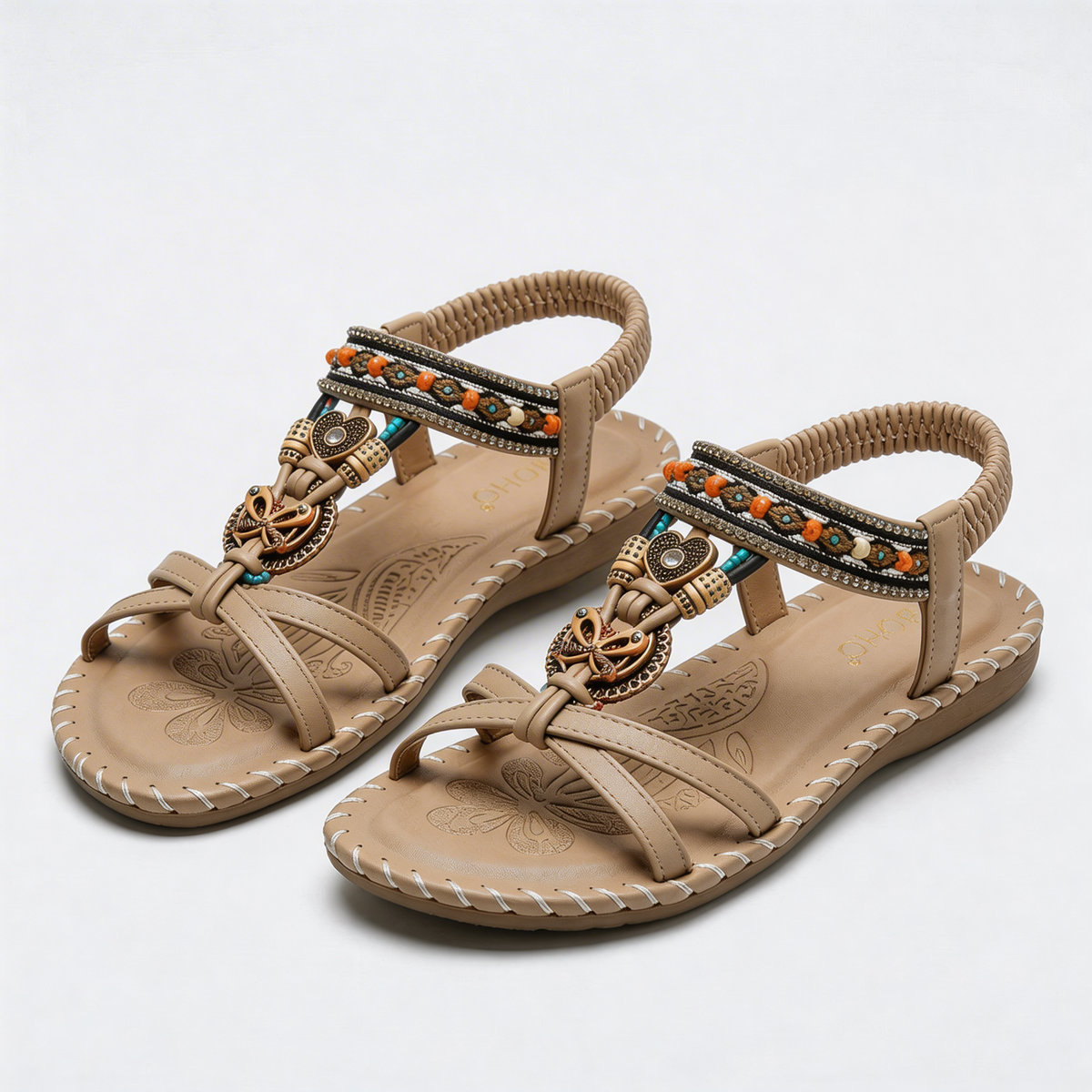 Beaded Boho T-Strap Flat Sandals
