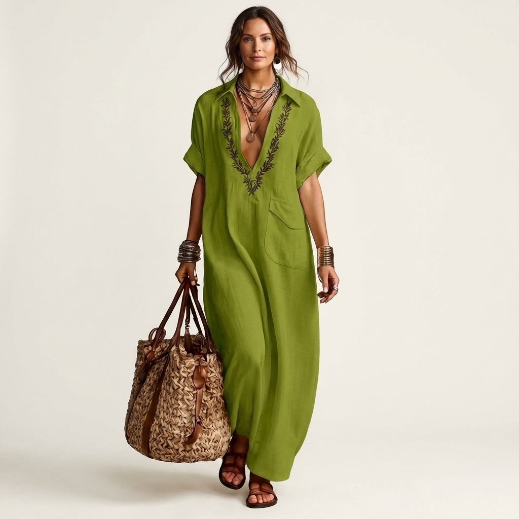 Embroidered V-Neck Collared Short Sleeve Linen Look Maxi Dress