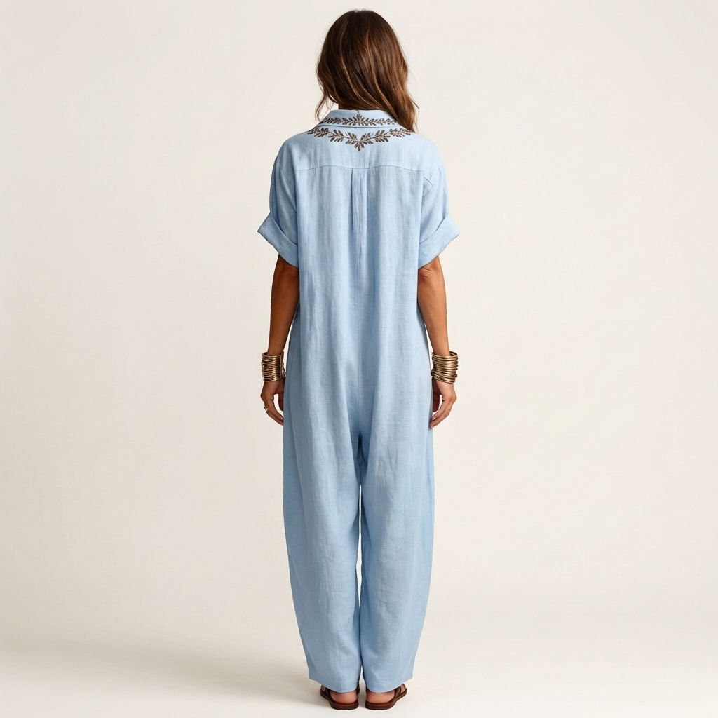 Embroidered V-Neck Collared Short Sleeve Linen Look Maxi Dress