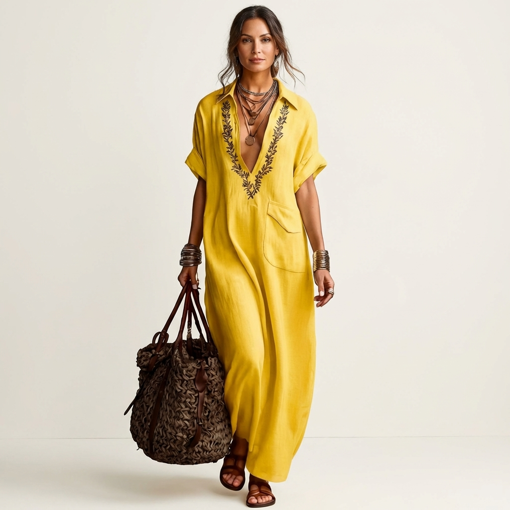 Embroidered V-Neck Collared Short Sleeve Linen Look Maxi Dress