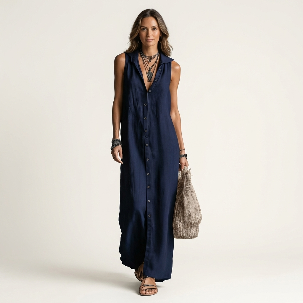 Collared Button Front Sleeveless Maxi Shirt Dress
