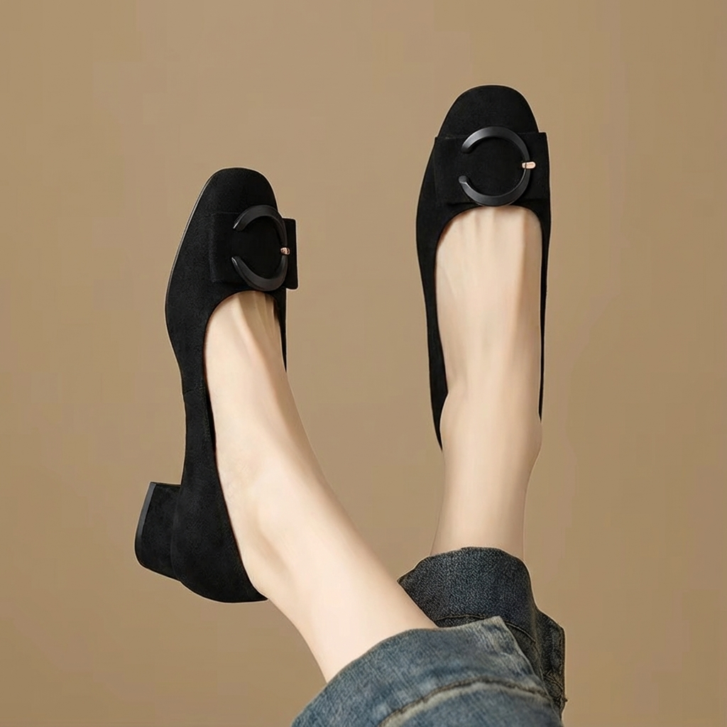 Round Toe Buckle Low Block Heel Suede Pumps