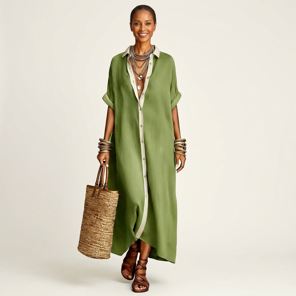 Contrast Placket Button Front Short Sleeve Maxi Shirt Dress