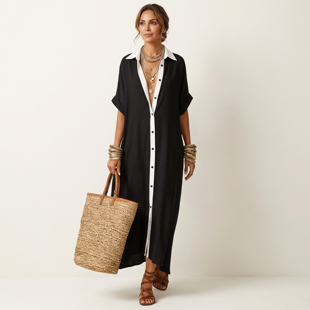 Contrast Placket Button Front Short Sleeve Maxi Shirt Dress