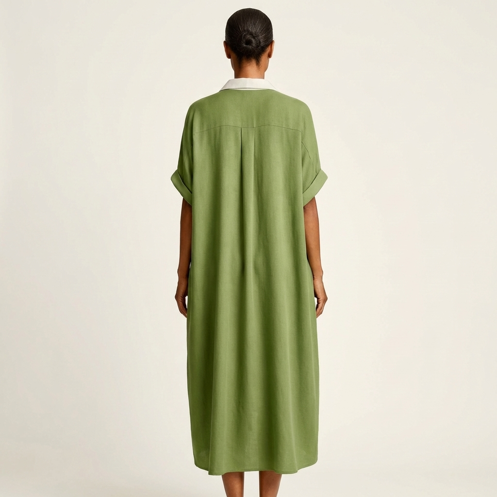 Collared Short Sleeve Contrast Placket Maxi Shirt Dress 10