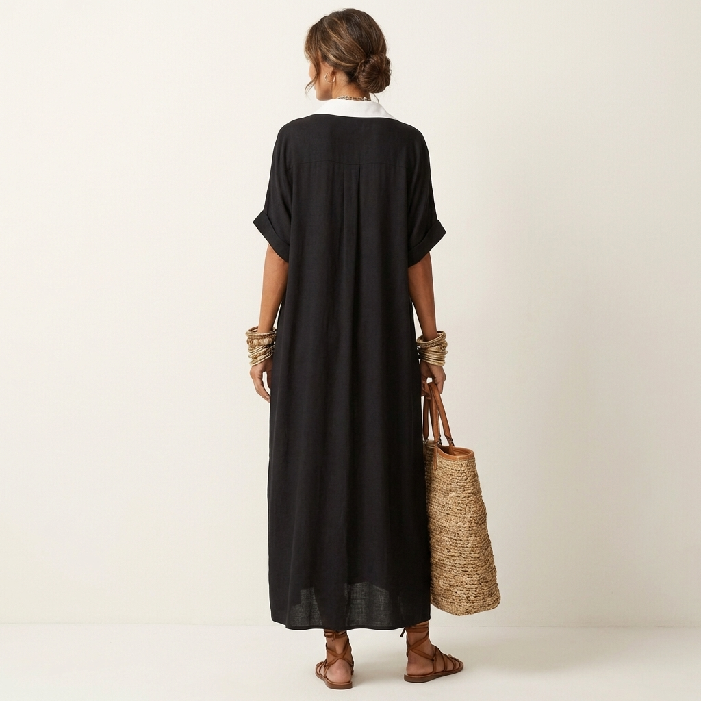 Contrast Placket Button Front Short Sleeve Maxi Shirt Dress
