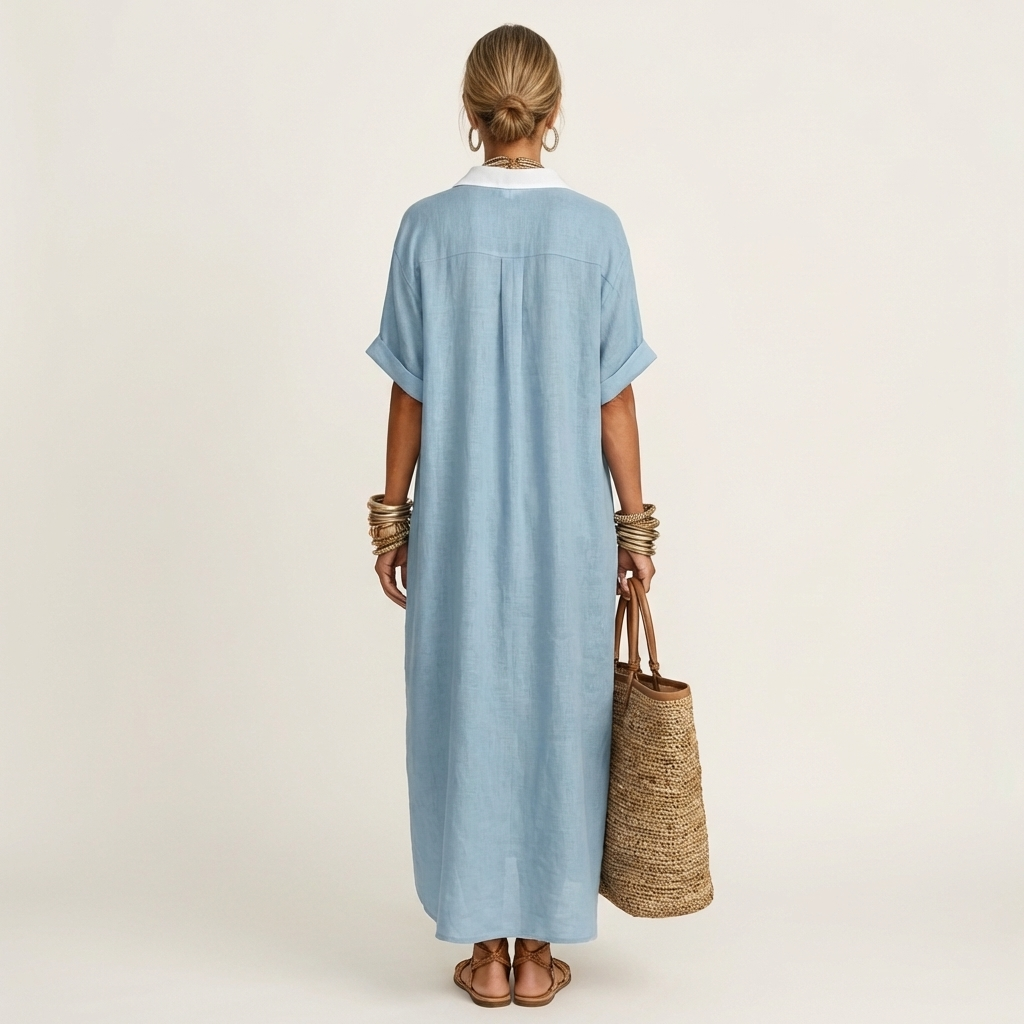 Contrast Placket Button Front Short Sleeve Maxi Shirt Dress