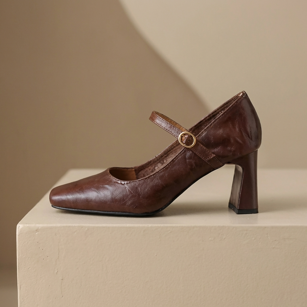 Square Toe Ankle Strap Block Heel Mary Jane Pumps