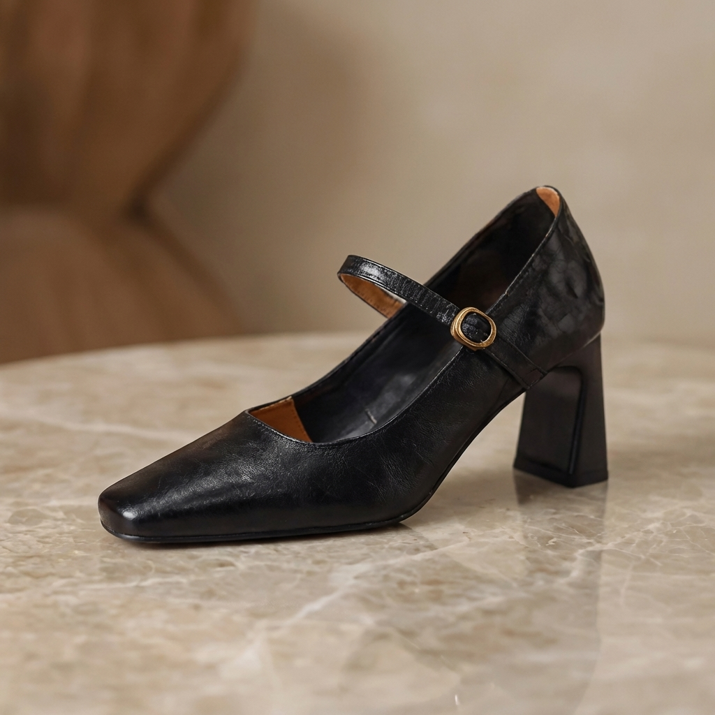 Square Toe Ankle Strap Block Heel Mary Jane Pumps