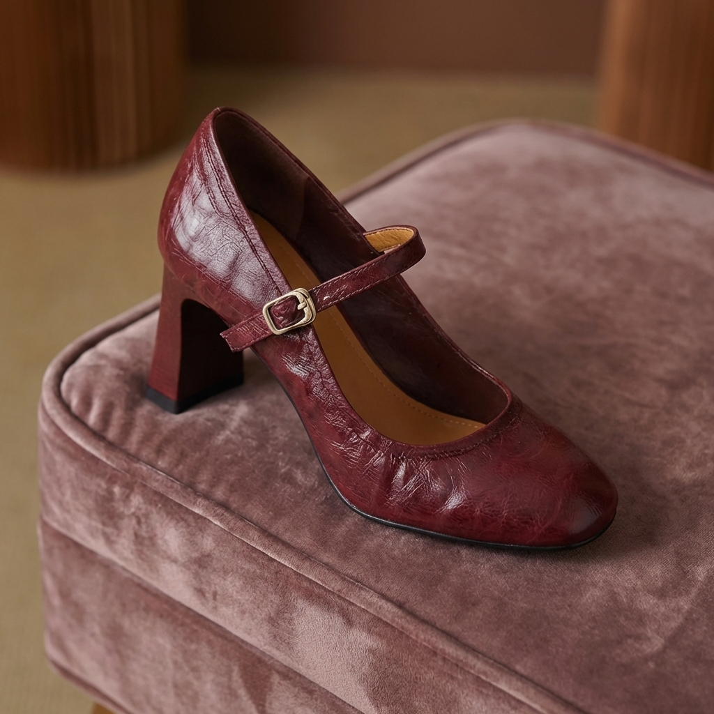 Square Toe Ankle Strap Block Heel Mary Jane Pumps