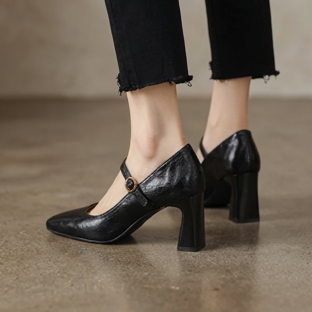 Square Toe Ankle Strap Block Heel Mary Jane Pumps