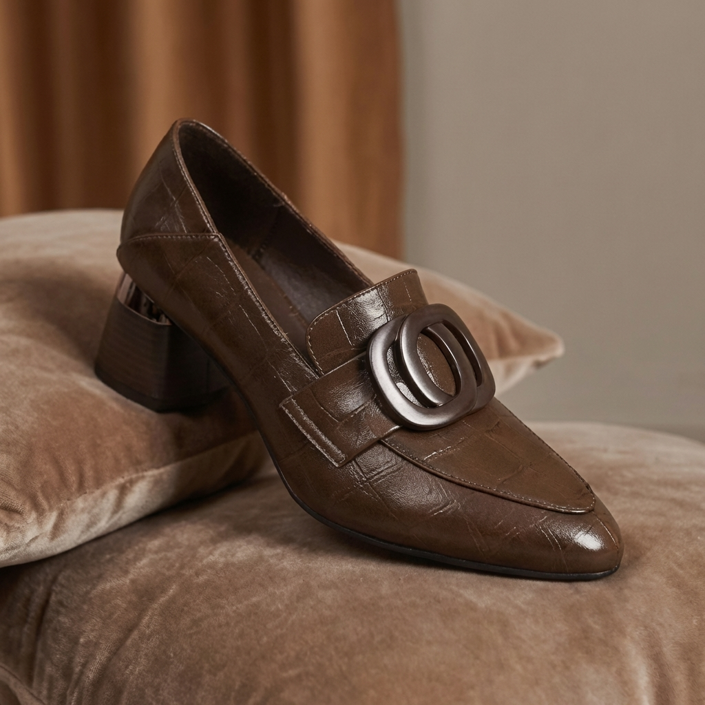 Square Toe Buckle Detail Block Heel Loafer Pumps