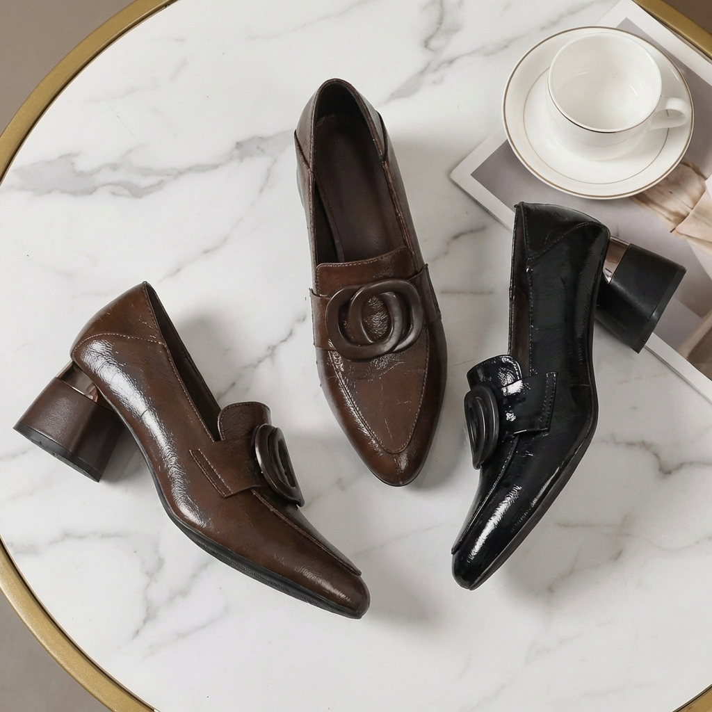 Square Toe Buckle Block Heel Loafer Pumps