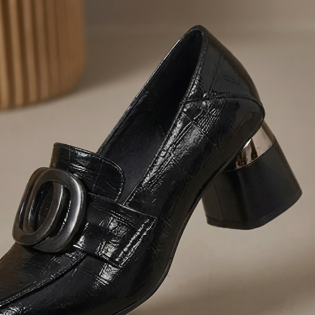 Square Toe Buckle Block Heel Loafer Pumps