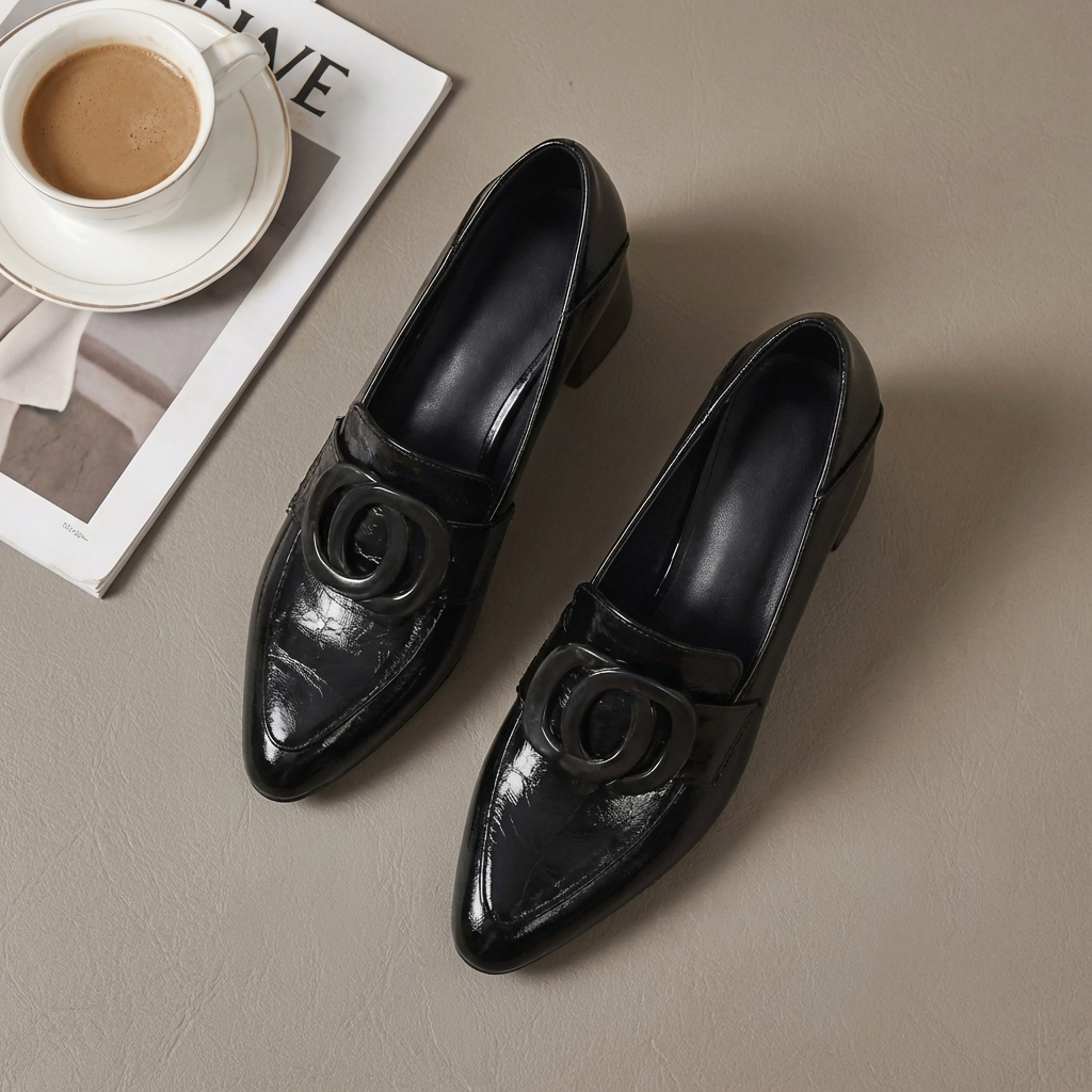 Square Toe Buckle Detail Block Heel Loafer Pumps