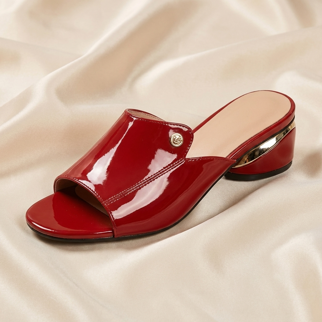 Peep Toe Block Heel Patent Look Slide Mules