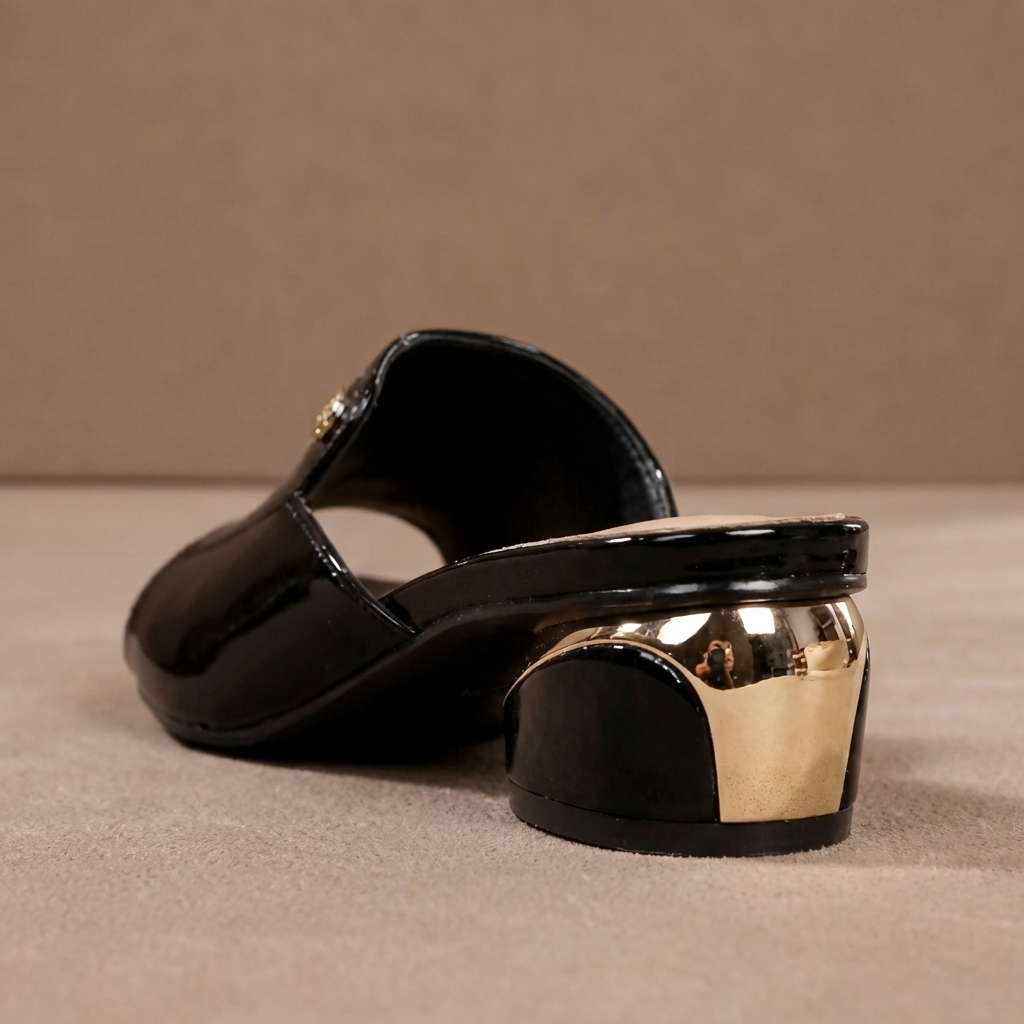 Peep Toe Block Heel Patent Look Slide Mules