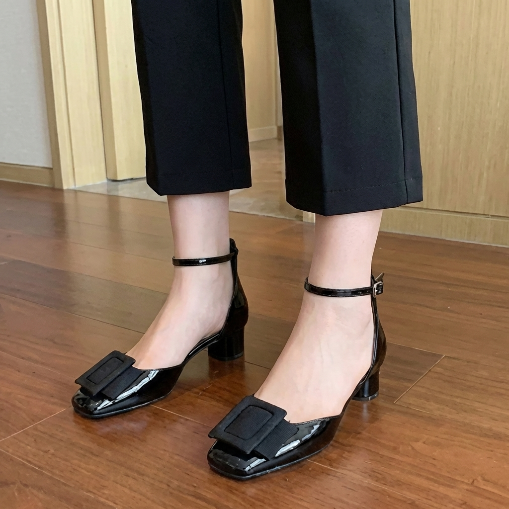 Square Toe Ankle Strap Buckle Block Heel Pumps