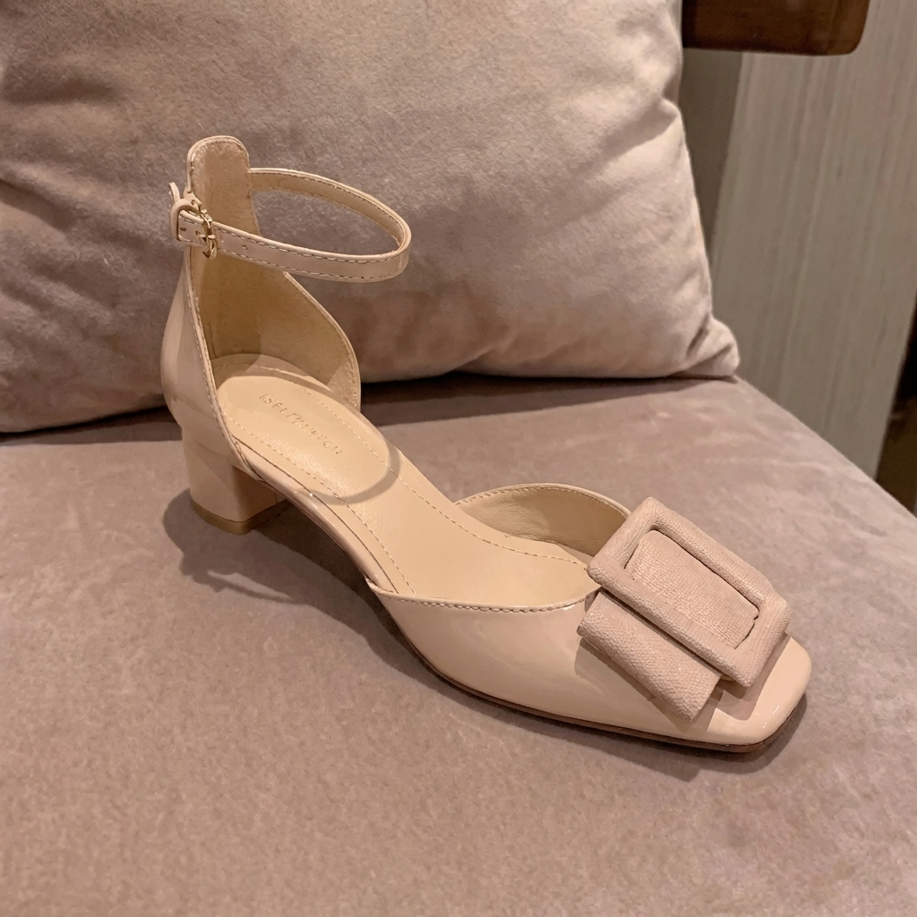 Square Toe Ankle Strap Buckle Block Heel Pumps