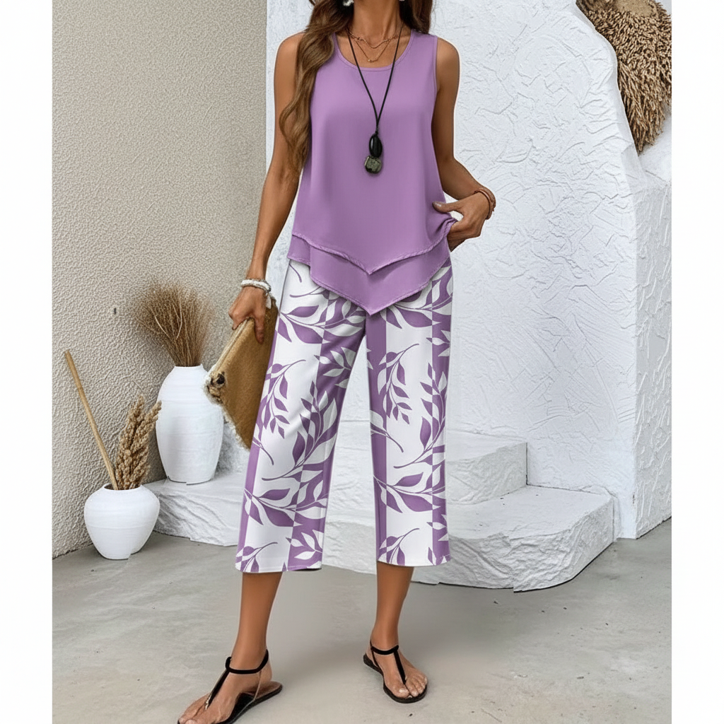 Sleeveless Layered Top and Leaf Print Cropped Pants Two Piece Set