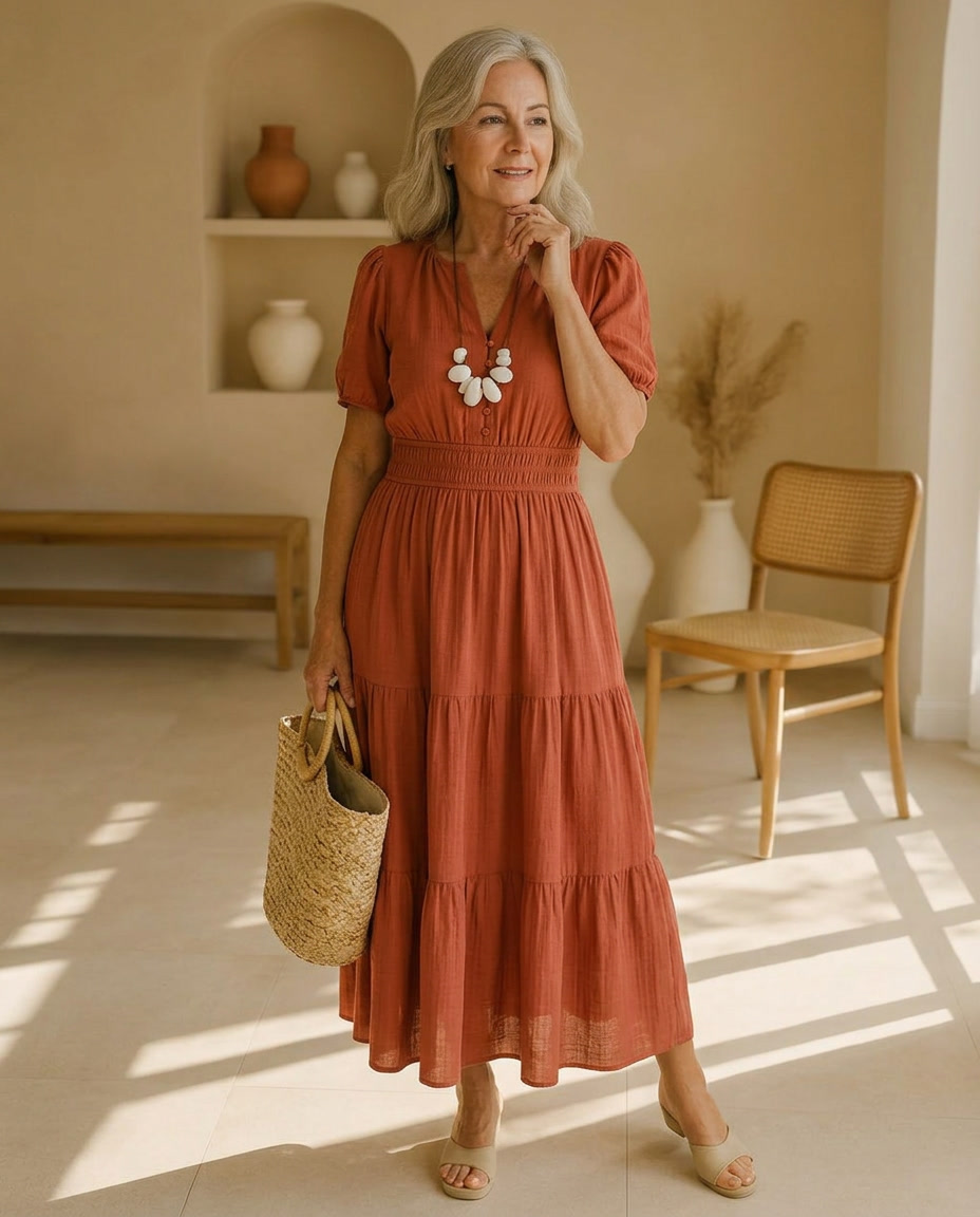 V-Neck Puff Sleeve Smocked Waist Tiered Maxi Dress