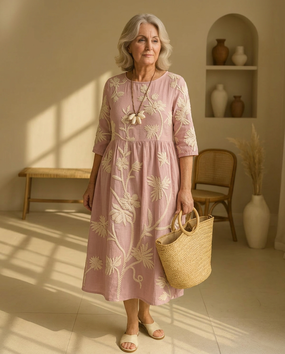Floral Embroidered Round Neck Half Sleeve Midi Dress