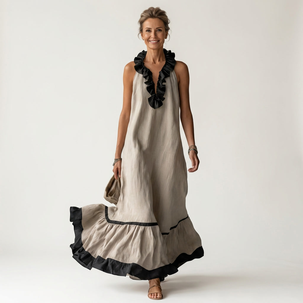 Ruffle V-Neck Sleeveless Contrast Ruffle Hem Maxi Dress