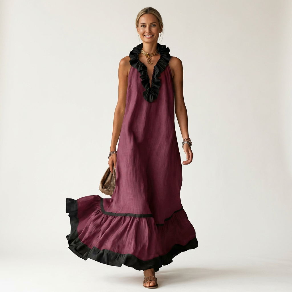 Ruffle V-Neck Sleeveless Contrast Ruffle Hem Maxi Dress