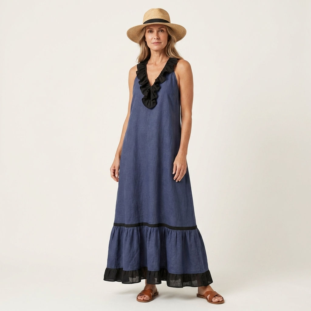 Ruffle V-Neck Sleeveless Contrast Ruffle Hem Maxi Dress