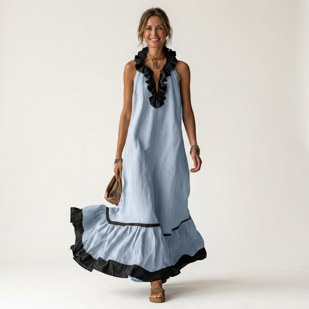 Ruffle V-Neck Sleeveless Contrast Ruffle Hem Maxi Dress