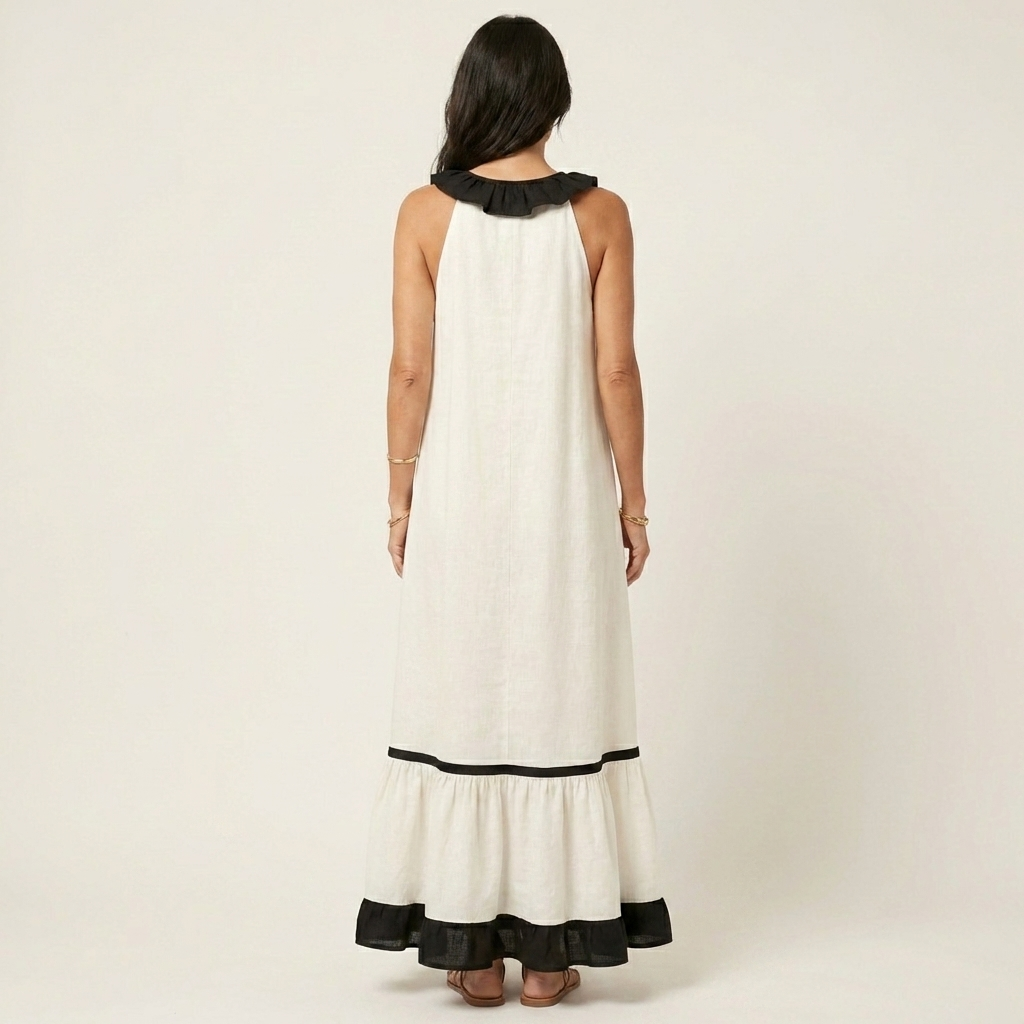 Ruffle V-Neck Sleeveless Contrast Ruffle Hem Maxi Dress