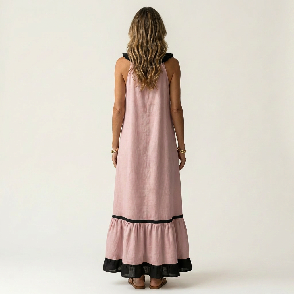 Ruffle V-Neck Sleeveless Contrast Ruffle Hem Maxi Dress