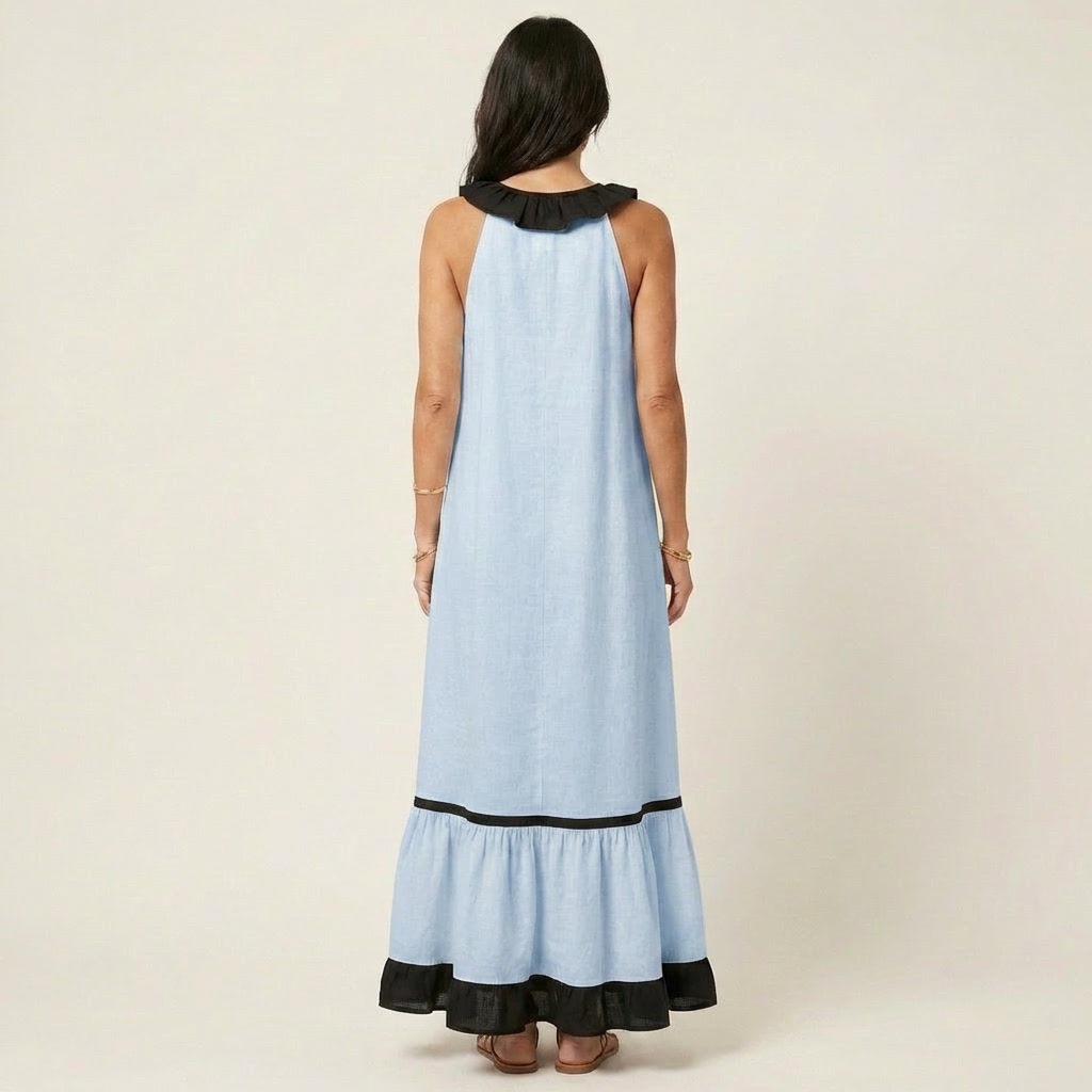 Ruffle V-Neck Sleeveless Contrast Ruffle Hem Maxi Dress