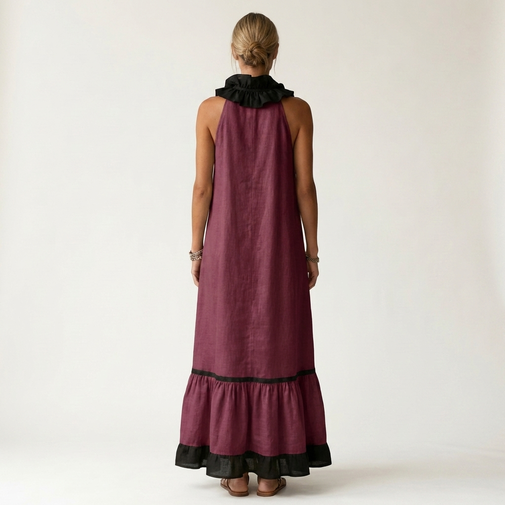Ruffle V-Neck Sleeveless Contrast Ruffle Hem Maxi Dress