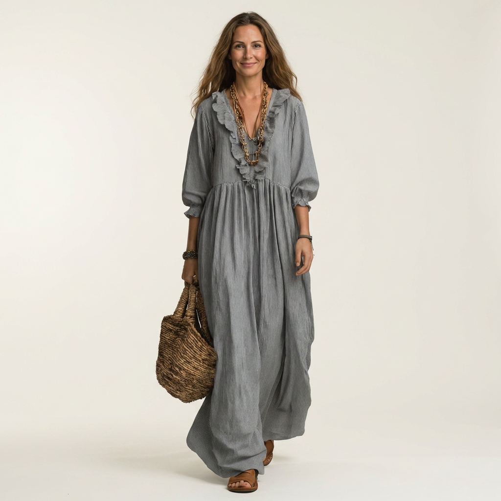 Ruffle Trim V-Neck Three Quarter Sleeve Loose Maxi Dress