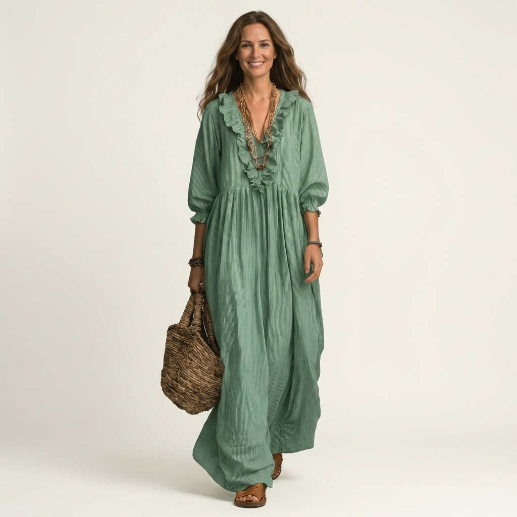 Ruffle Trim V-Neck Three Quarter Sleeve Loose Maxi Dress