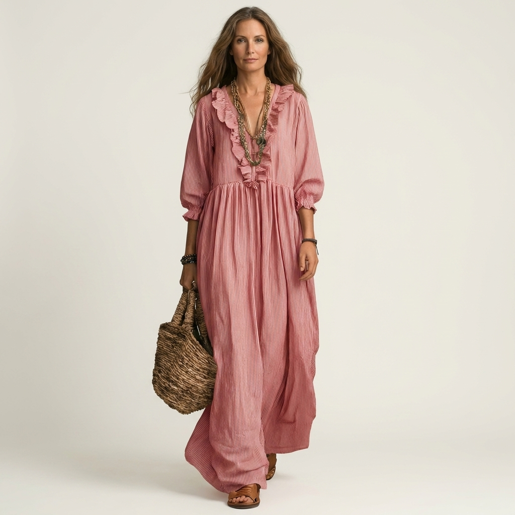 Ruffle Trim V-Neck Three Quarter Sleeve Loose Maxi Dress
