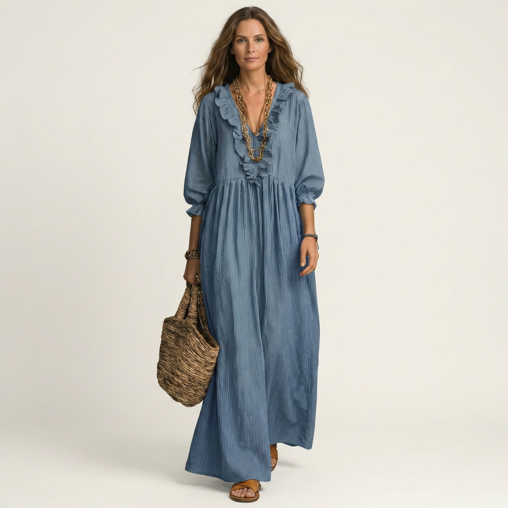 Ruffle Trim V-Neck Three Quarter Sleeve Loose Maxi Dress