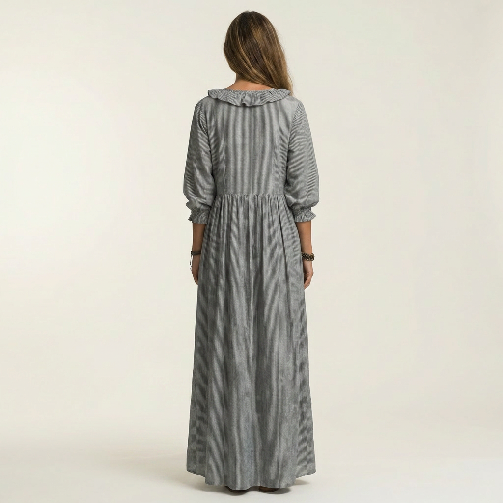 Ruffle Trim V-Neck Three Quarter Sleeve Loose Maxi Dress