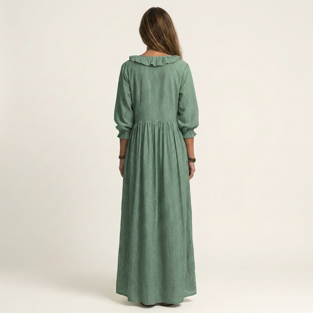 Ruffle Trim V-Neck Three Quarter Sleeve Loose Maxi Dress