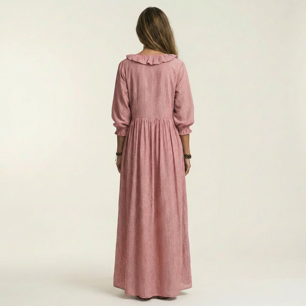 Ruffle Trim V-Neck Three Quarter Sleeve Loose Maxi Dress