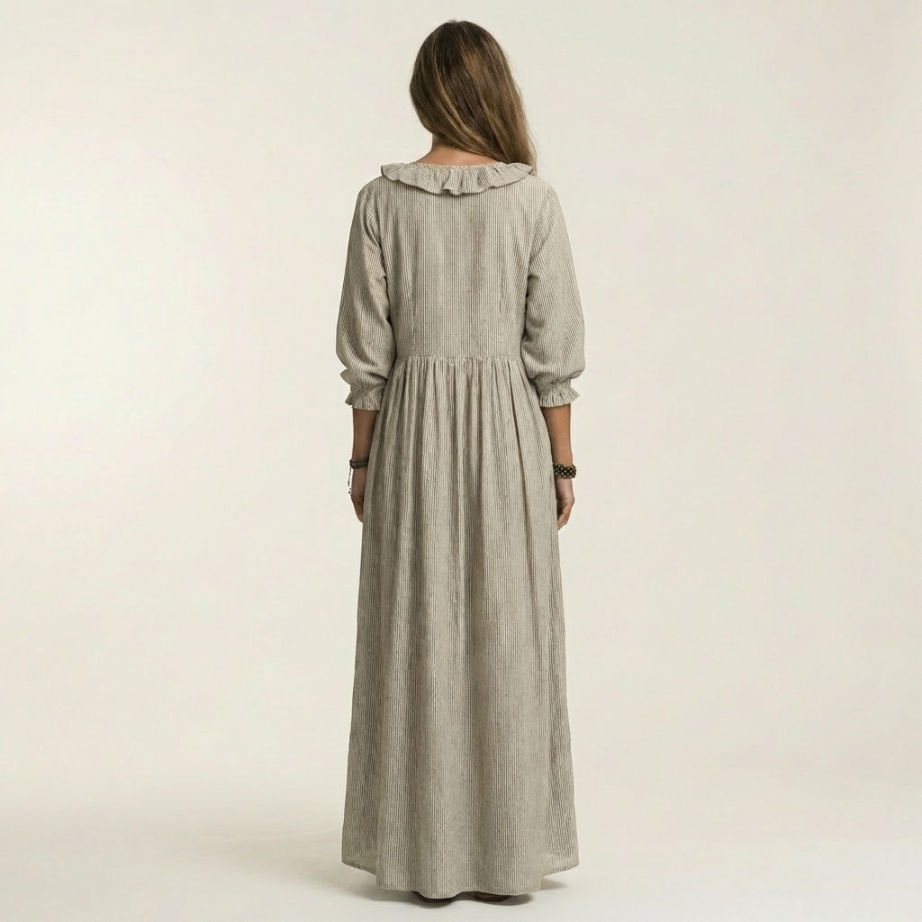 Ruffle Trim V-Neck Three Quarter Sleeve Loose Maxi Dress