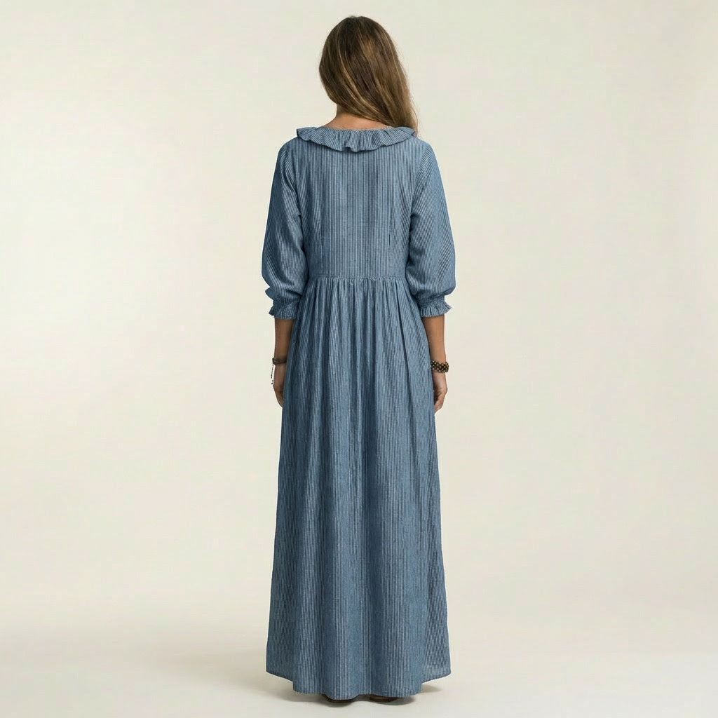 Ruffle Trim V-Neck Three Quarter Sleeve Loose Maxi Dress
