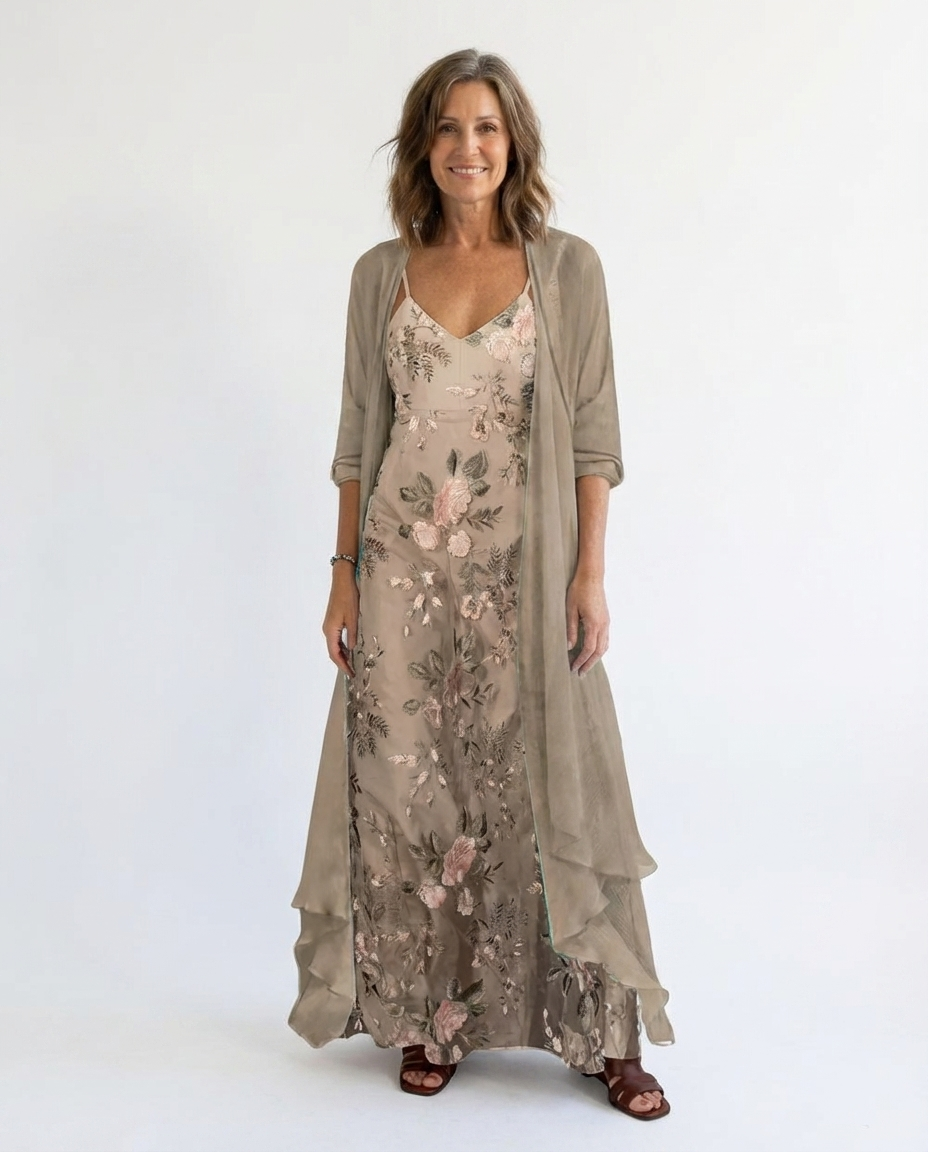 Floral Embroidered Slip Maxi Dress and Sheer Duster Two Piece Set