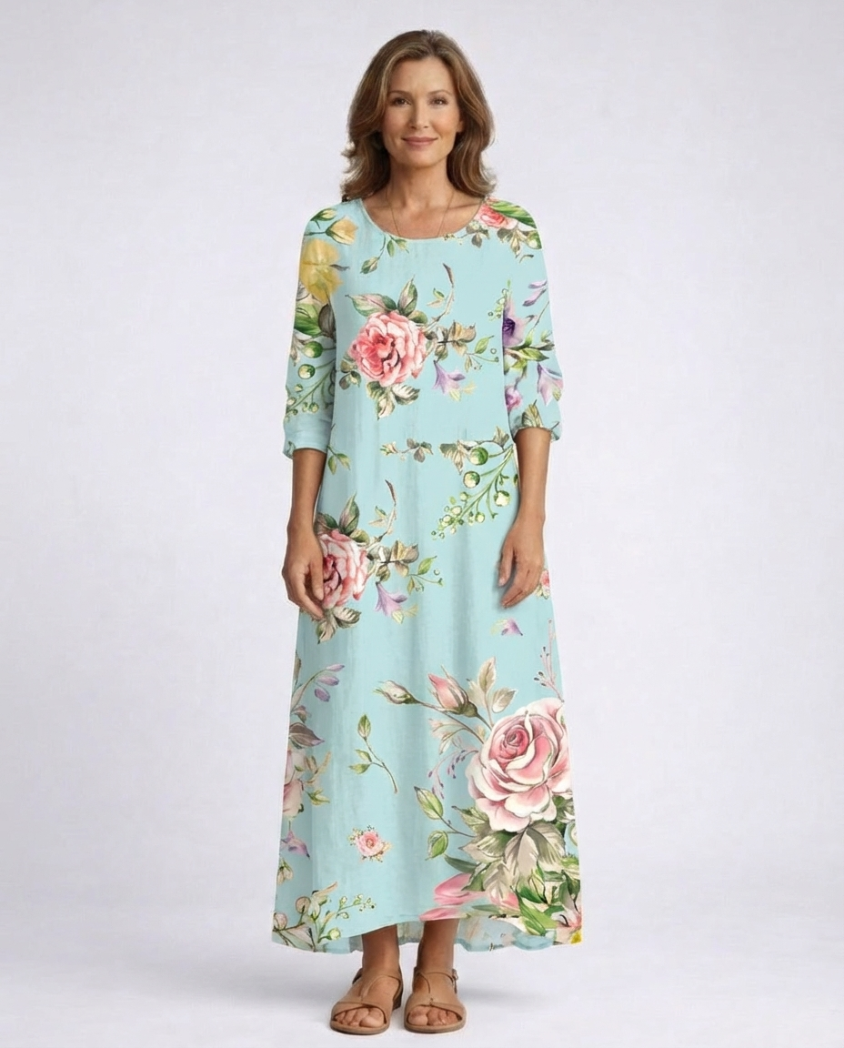 Rose Floral Round Neck Half Sleeve Maxi Dress