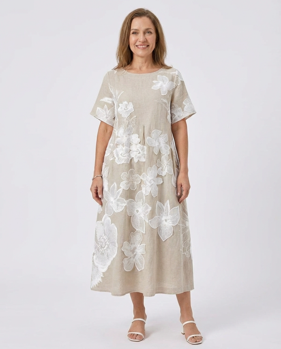 Floral Embroidered Round Neck Short Sleeve Linen Look Midi Dress