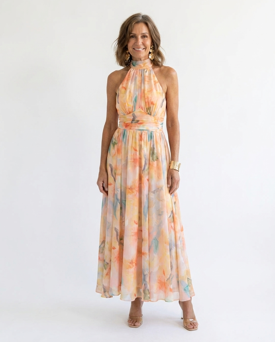 Watercolor Floral Halter Neck Sleeveless Maxi Dress