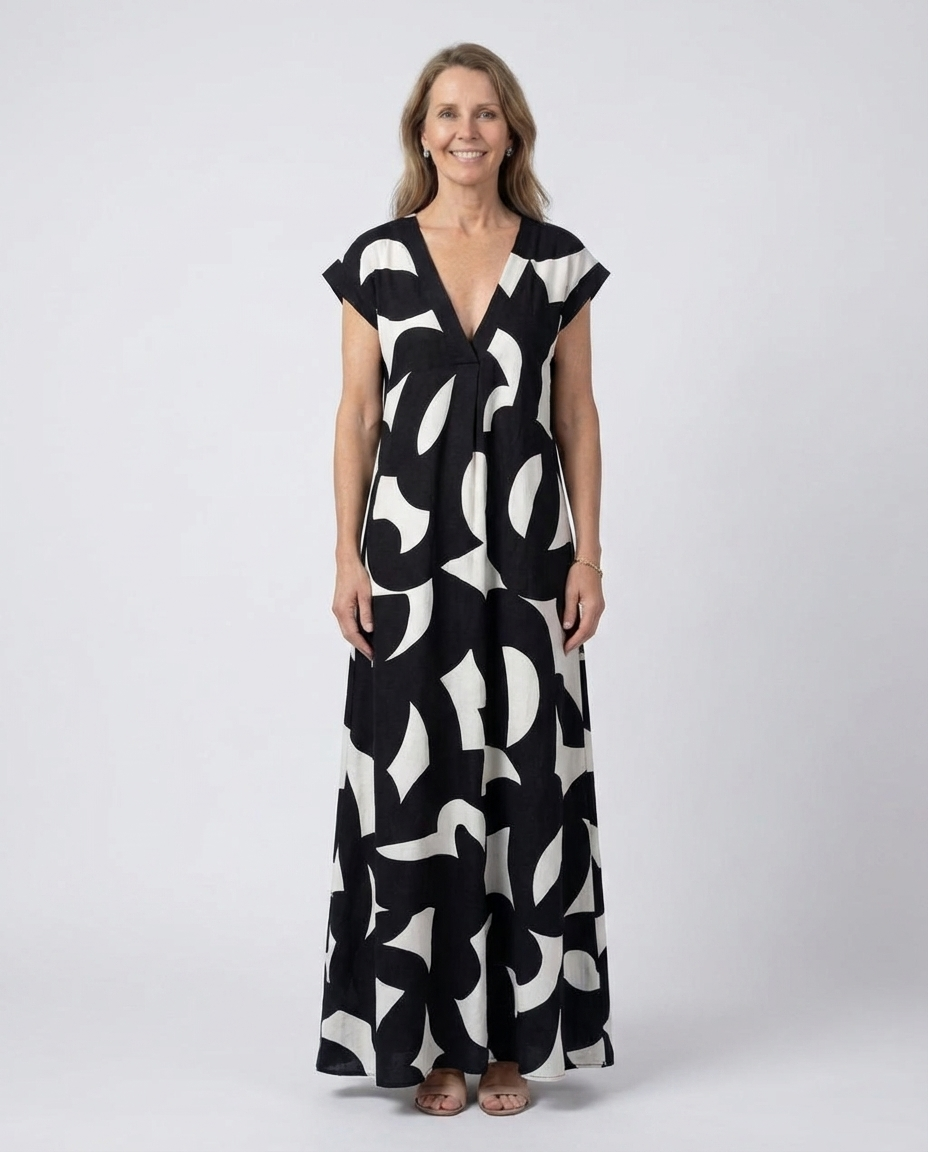 Abstract Print V-Neck Cap Sleeve Maxi Dress