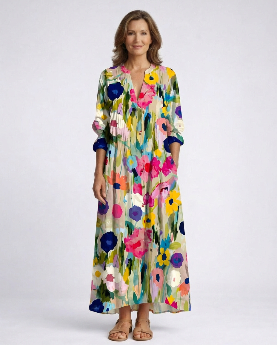 Watercolor Floral Print Split Neck Long Sleeve Maxi Dress